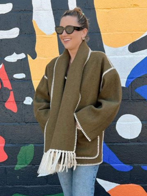 Women's Fringed Cape Coat with Contrast Stitching