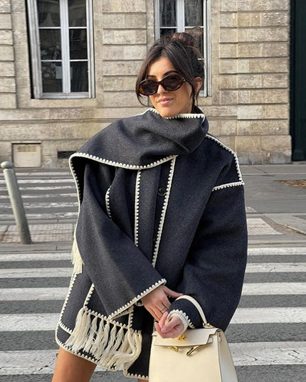 Women's Fringed Cape Coat with Contrast Stitching