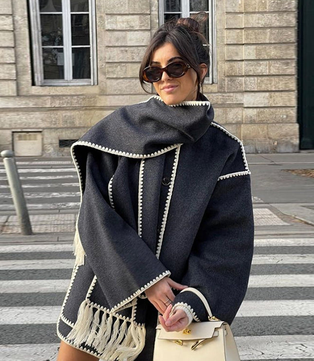 Women's Fringed Cape Coat with Contrast Stitching