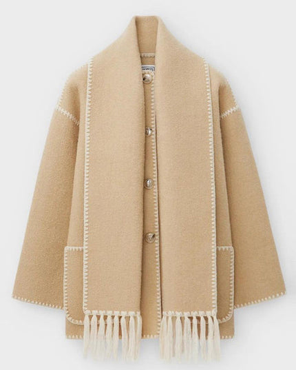 Women's Fringed Cape Coat with Contrast Stitching