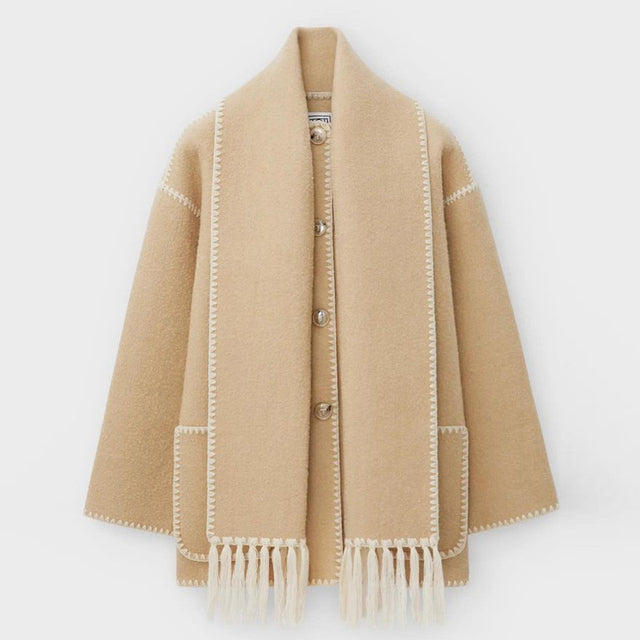 Women's Fringed Cape Coat with Contrast Stitching