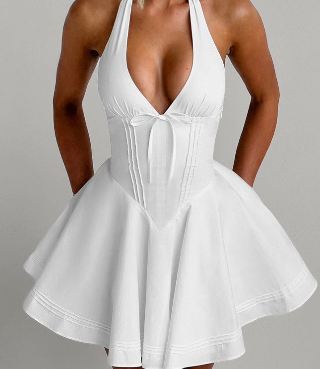 Women's Gingham Plunge Halter Summer Mini Dress