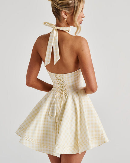 Women's Gingham Plunge Halter Summer Mini Dress
