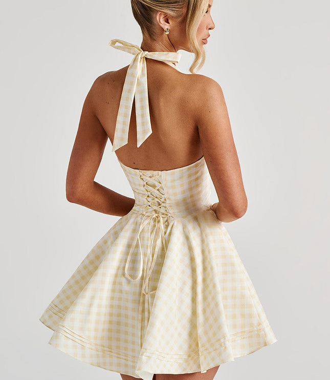 Women's Gingham Plunge Halter Summer Mini Dress