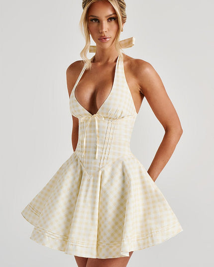 Women's Gingham Plunge Halter Summer Mini Dress
