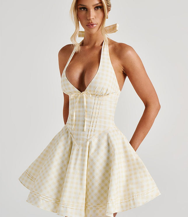 Women's Gingham Plunge Halter Summer Mini Dress