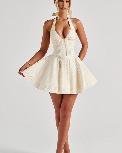 Women's Gingham Plunge Halter Summer Mini Dress