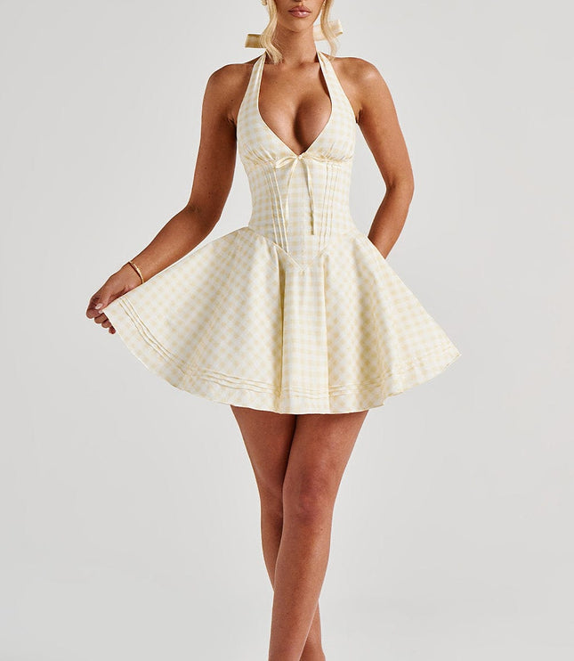 Women's Gingham Plunge Halter Summer Mini Dress