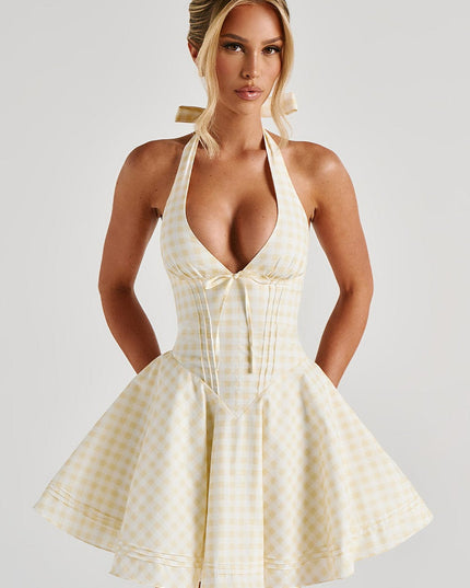 Women's Gingham Plunge Halter Summer Mini Dress