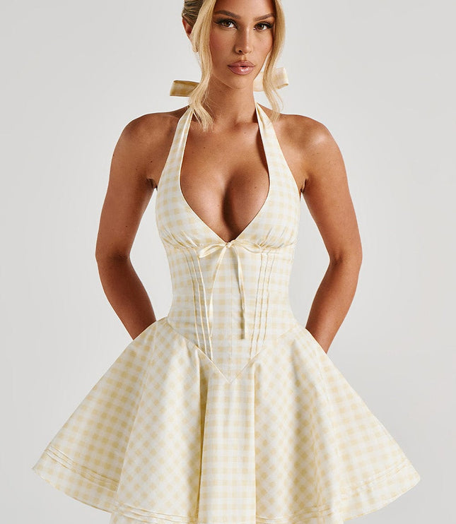 Women's Gingham Plunge Halter Summer Mini Dress