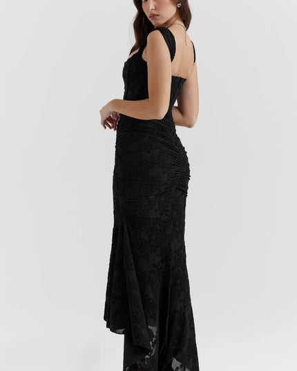Side angle black floral square neck corset dress in midi length with fitted bodice and flared high-low skirt