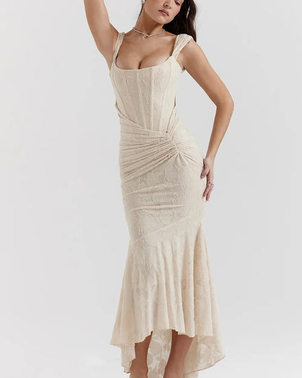 Cream floral square neck corset midi dress with draped ruching and high-low hem, hand on hip pose