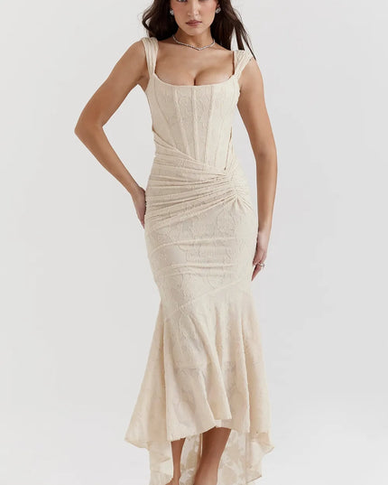 Cream floral midi corset dress front view highlighting structured bodice seams and fluted hemline