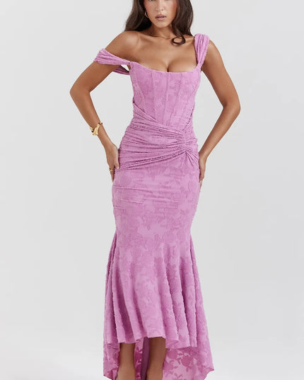 Pink floral midi corset dress with square neckline, off-shoulder straps and ruched waist, front view
