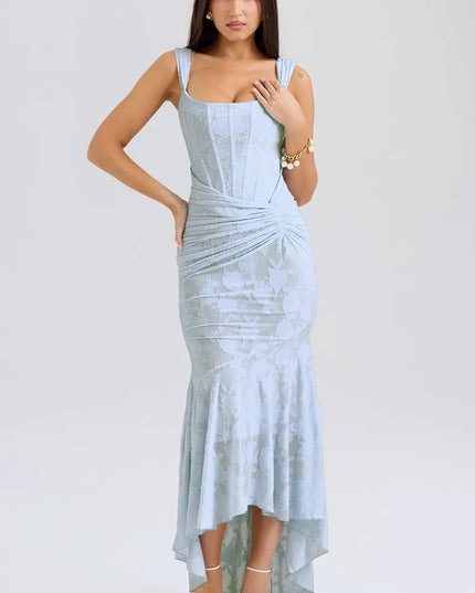 Light blue floral square neck corset dress, midi length with gathered side ruching and high-low skirt