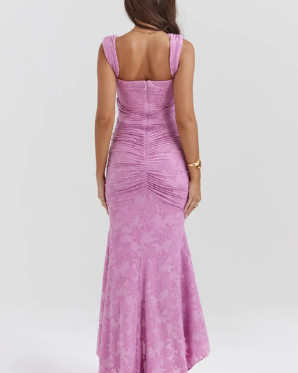 Back view of a pink floral midi corset dress with square neck straps and ruched waist