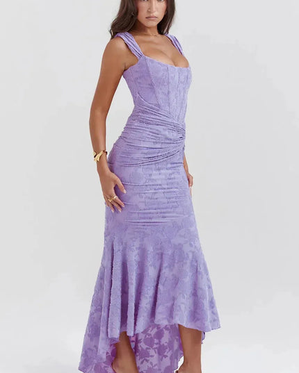 Side view of a lavender floral midi dress with square neck corset fit and high-low hem
