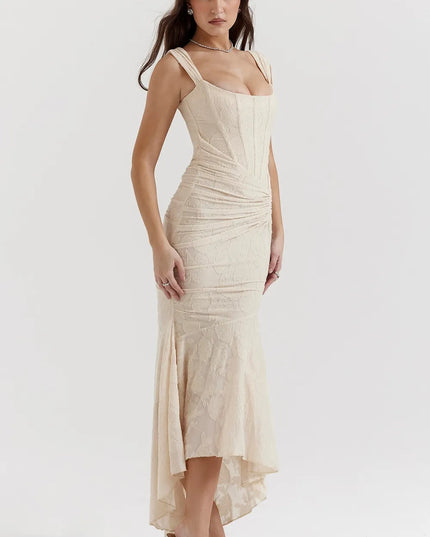 Cream floral square neck corset midi dress side angle showing ruched waist and flared high-low skirt