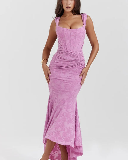 Front view of a pink floral graduation midi dress with square neck, corset bodice and ruched skirt