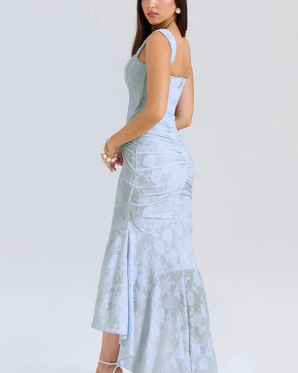 Side view light blue floral midi corset dress with square neckline, fitted bodice, and flared hem