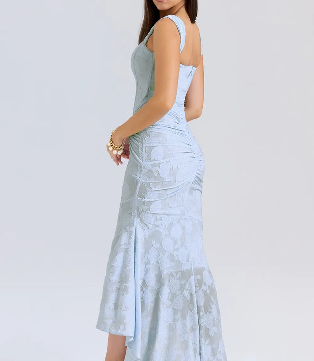 Side view light blue floral midi corset dress with square neckline, fitted bodice, and flared hem