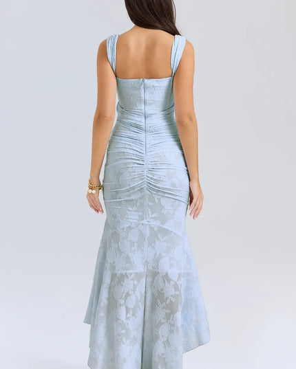 Back view light blue floral midi dress with square neck straps, corset seams, and ruched back detail