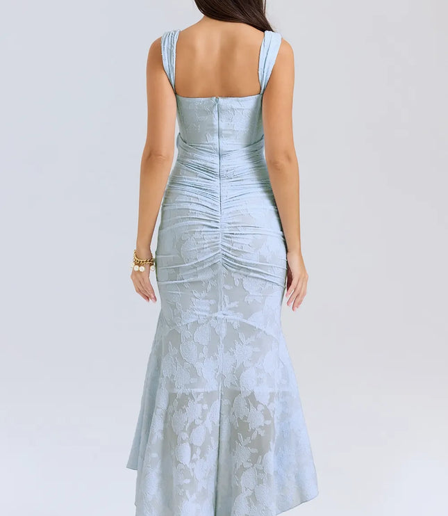 Back view light blue floral midi dress with square neck straps, corset seams, and ruched back detail