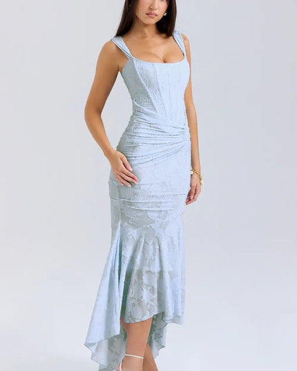 Three-quarter view light blue floral corset midi dress with square neck, wrap ruching, and high-low hem