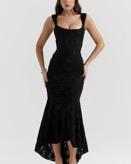 Black floral square neck corset midi dress with gathered waist and high-low hem, front view