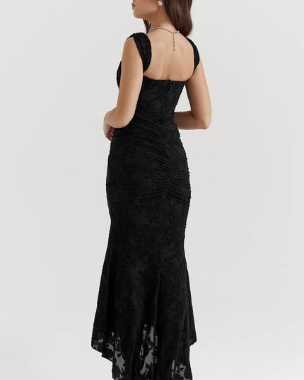 Back three-quarter view black floral corset midi dress with square neckline straps and ruched hip detail