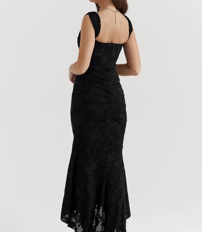 Back three-quarter view black floral corset midi dress with square neckline straps and ruched hip detail
