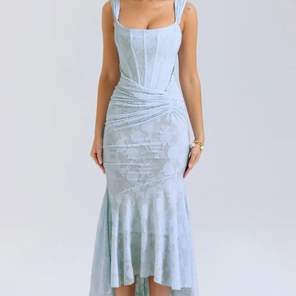 Light blue floral corset midi dress with square neck, ruched waist, and high-low hem front view