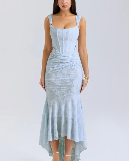 Light blue floral corset midi dress with square neck, ruched waist, and high-low hem front view