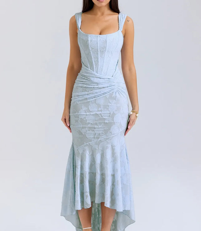 Light blue floral corset midi dress with square neck, ruched waist, and high-low hem front view