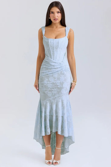 Light blue floral corset midi dress with square neck, ruched waist, and high-low hem front view