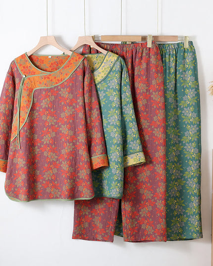 Women's Green Floral Cotton Pajama Set with Frog Buttons