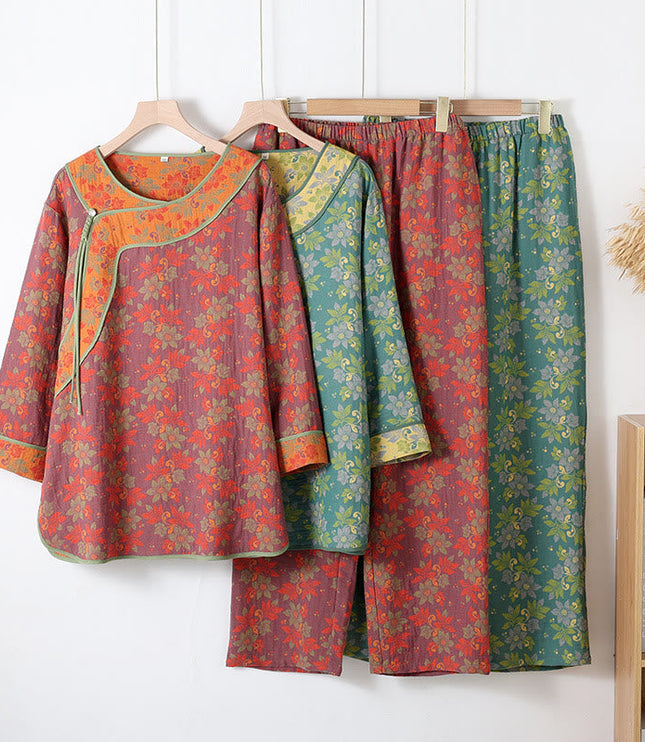 Women's Green Floral Cotton Pajama Set with Frog Buttons