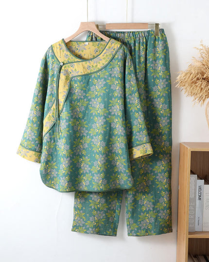 Women's Green Floral Cotton Pajama Set with Frog Buttons