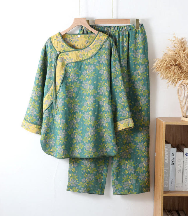 Women's Green Floral Cotton Pajama Set with Frog Buttons