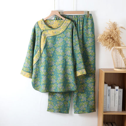 Women's Green Floral Cotton Pajama Set with Frog Buttons