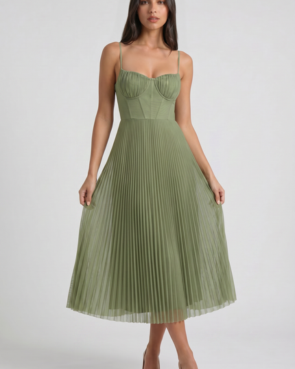 Women's Green Floral V-Neck Cocktail Midi Dress for Summer