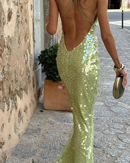 Women's Green Sequin Backless Maxi Dress