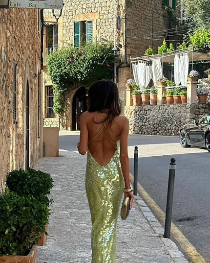Women's Green Sequin Backless Maxi Dress