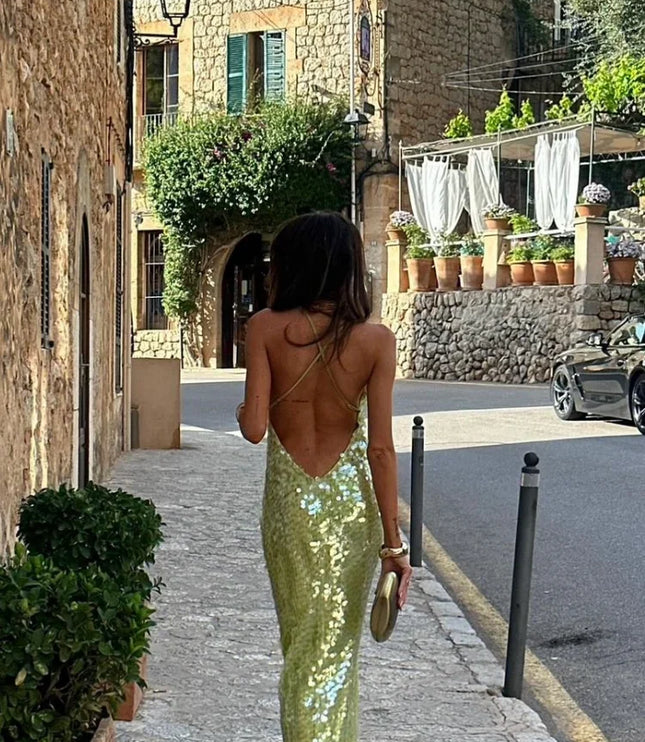 Women's Green Sequin Backless Maxi Dress