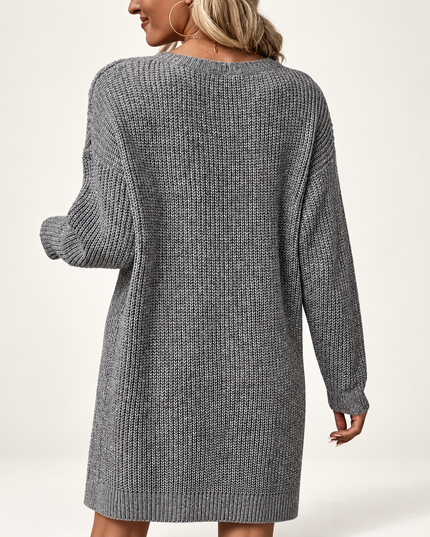 Women's Grey Ribbed Sweater Dress with Asymmetric Hem