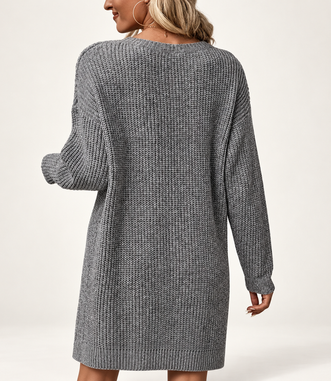 Women's Grey Ribbed Sweater Dress with Asymmetric Hem