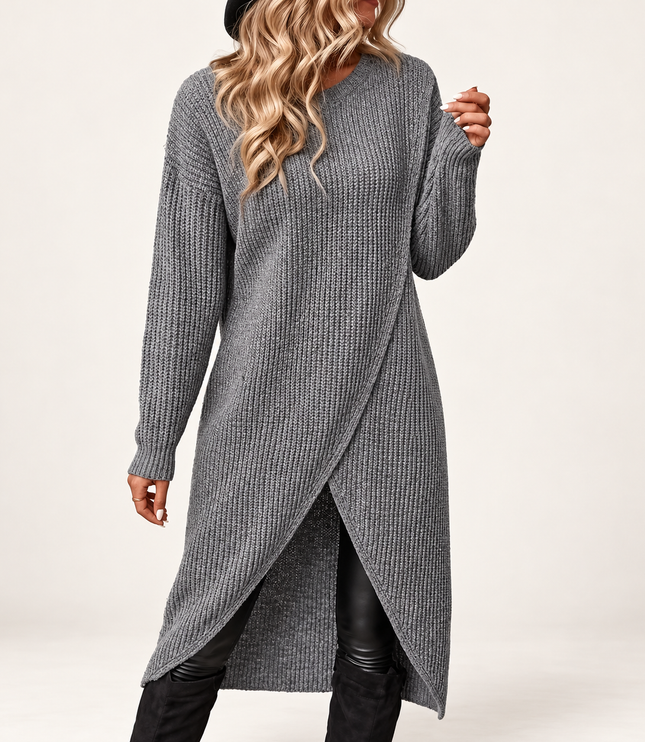 Women's Grey Ribbed Sweater Dress with Asymmetric Hem