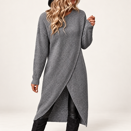 Women's Grey Ribbed Sweater Dress with Asymmetric Hem