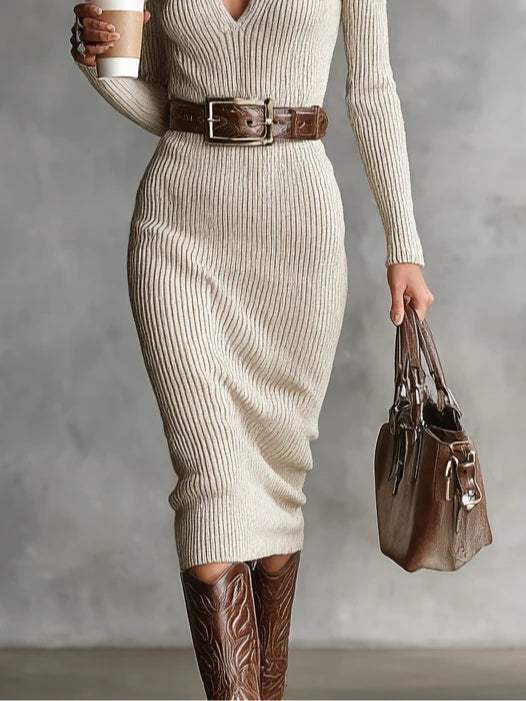 Women's Half-Turtleneck Ribbed-Knit Midi Dress with V-Neck