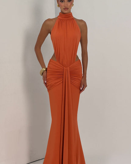 Women's Halter Backless Ruched Sleeveless Black Maxi Dress
